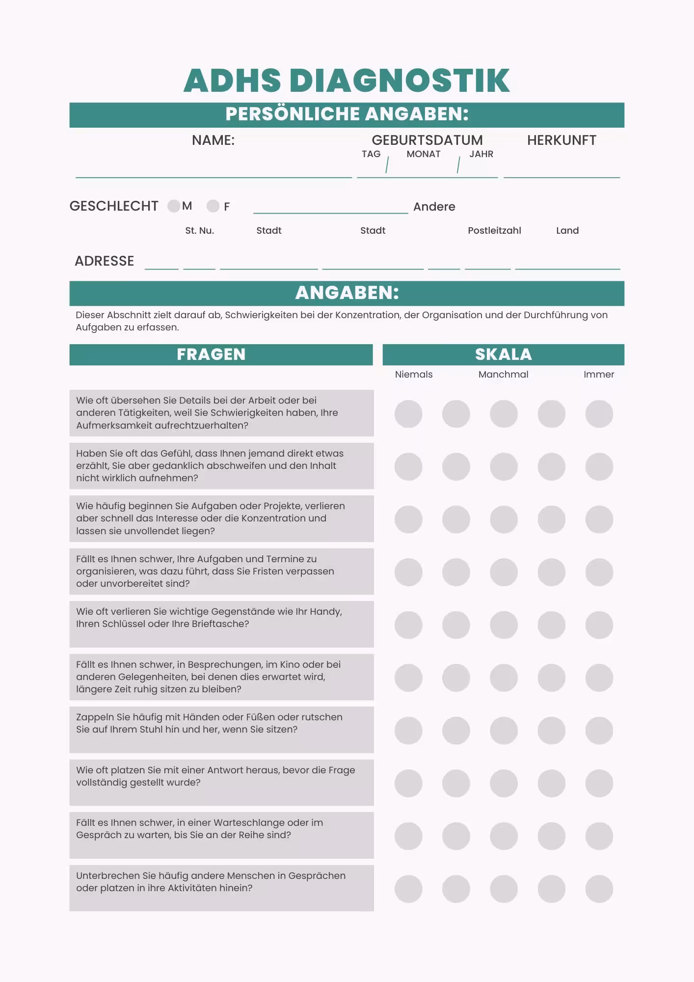 ADHS Fragebogen Vorschau - ASRS Adult Self Report Scale